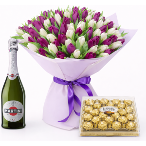 Подарочный набор – 35 букет тюльпанов, Ferrero Rocher и Martini