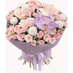 Buchet Elegant Pastel cu Orhidee și Trandafiri Roz