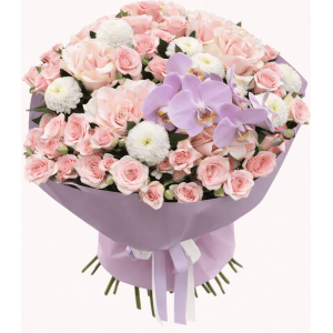 Buchet Elegant Pastel cu Orhidee și Trandafiri Roz